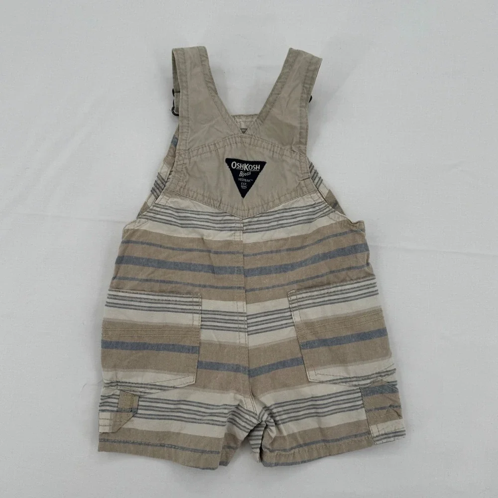 OshKosh B'gosh Shortalls Kids Size 9M Tan Blue Striped Vestbak Cotton Overalls